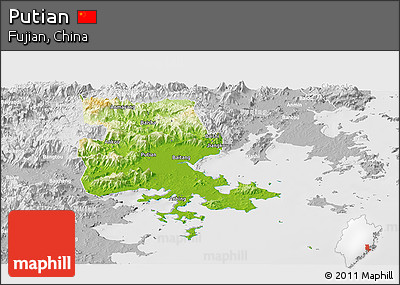 Physical Panoramic Map of Putian, lighten, desaturated