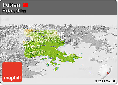 Physical Panoramic Map of Putian, lighten, desaturated