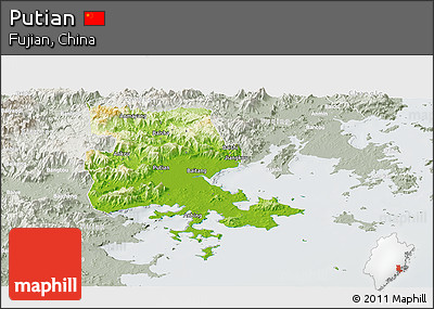 Physical Panoramic Map of Putian, lighten, semi-desaturated