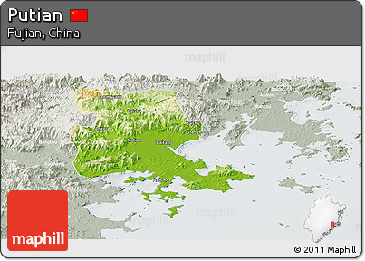 Physical Panoramic Map of Putian, lighten, semi-desaturated