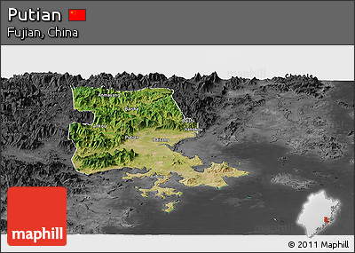 Satellite Panoramic Map of Putian, darken, desaturated