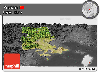 Satellite Panoramic Map of Putian, darken, desaturated