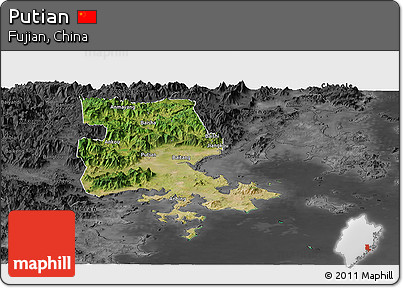 Satellite Panoramic Map of Putian, darken, desaturated