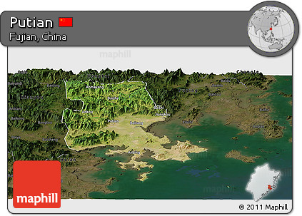 Satellite Panoramic Map of Putian, darken