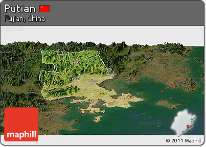 Satellite Panoramic Map of Putian, darken