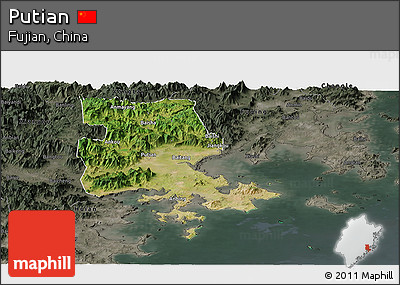 Satellite Panoramic Map of Putian, darken, semi-desaturated