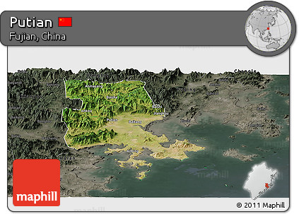 Satellite Panoramic Map of Putian, darken, semi-desaturated
