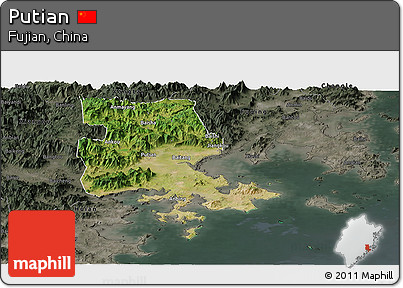 Satellite Panoramic Map of Putian, darken, semi-desaturated