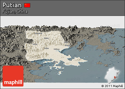 Shaded Relief Panoramic Map of Putian, darken