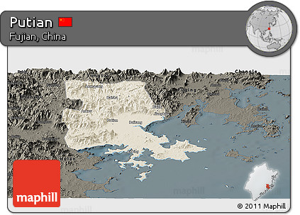Shaded Relief Panoramic Map of Putian, darken