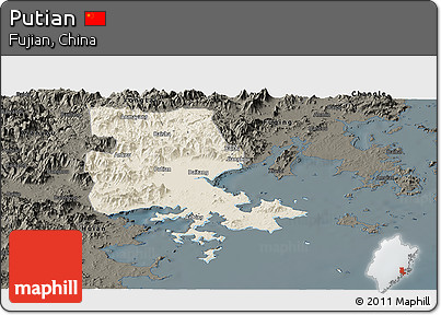Shaded Relief Panoramic Map of Putian, darken