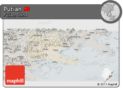 Shaded Relief Panoramic Map of Putian, semi-desaturated