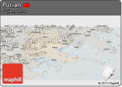 Shaded Relief Panoramic Map of Putian, semi-desaturated