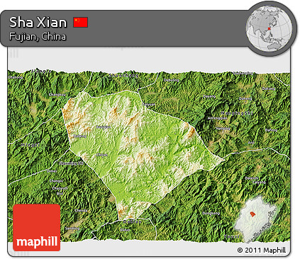 Physical 3D Map of Sha Xian, satellite outside