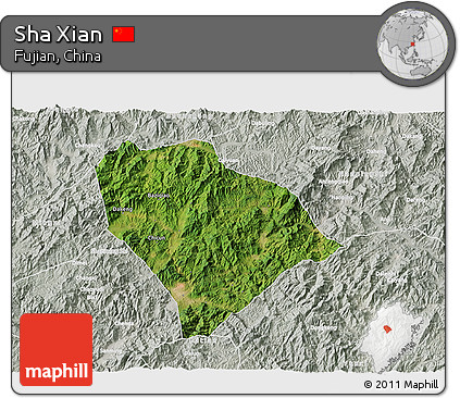 Satellite 3D Map of Sha Xian, lighten, semi-desaturated