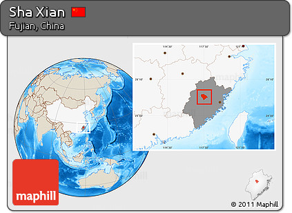Shaded Relief Location Map of Sha Xian, highlighted country, highlighted parent region