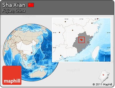 Shaded Relief Location Map of Sha Xian, highlighted country, highlighted parent region