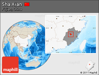 Shaded Relief Location Map of Sha Xian, highlighted country, highlighted parent region