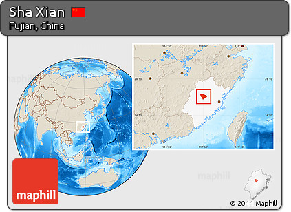 Shaded Relief Location Map of Sha Xian, highlighted parent region