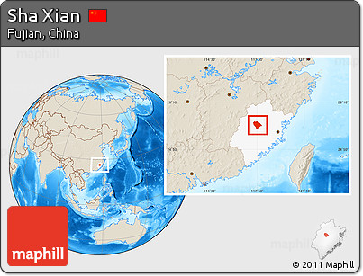 Shaded Relief Location Map of Sha Xian, highlighted parent region