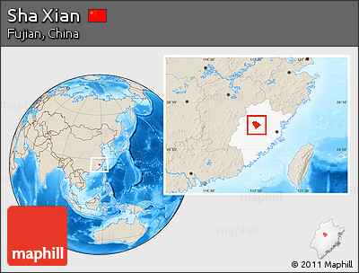 Shaded Relief Location Map of Sha Xian, highlighted parent region