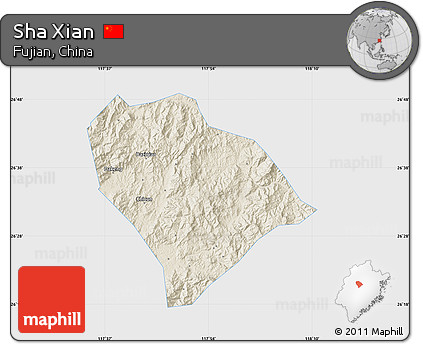 Shaded Relief Map of Sha Xian, single color outside