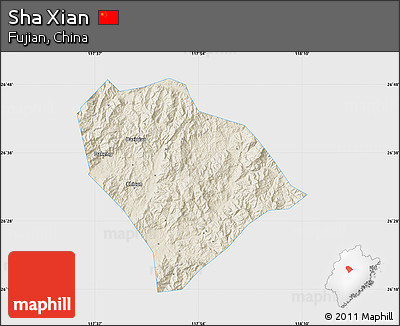 Shaded Relief Map of Sha Xian, single color outside