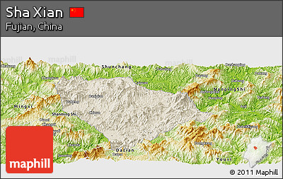 Shaded Relief Panoramic Map of Sha Xian, physical outside
