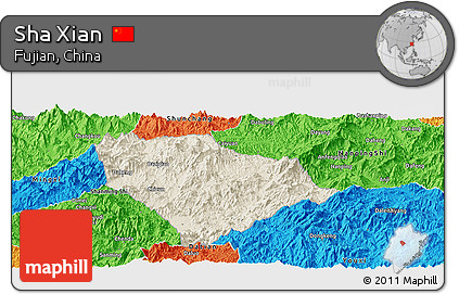 Shaded Relief Panoramic Map of Sha Xian, political outside