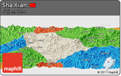 Shaded Relief Panoramic Map of Sha Xian, political outside