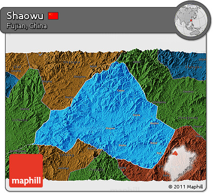 Political 3D Map of Shaowu, darken