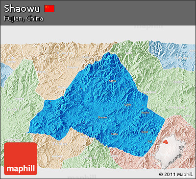 Political 3D Map of Shaowu, lighten