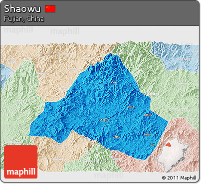 Political 3D Map of Shaowu, lighten