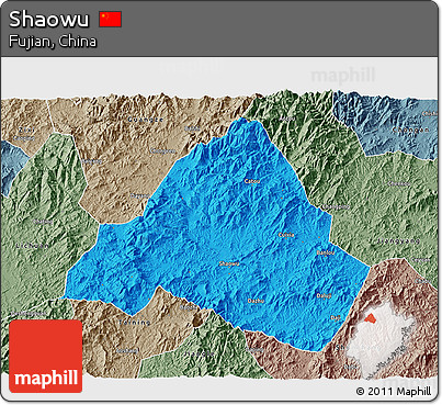 Political 3D Map of Shaowu, semi-desaturated