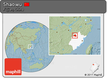 Savanna Style Location Map of Shaowu, highlighted parent region, hill shading