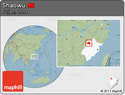 Savanna Style Location Map of Shaowu, highlighted parent region, hill shading