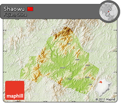 Physical Map of Shaowu, lighten