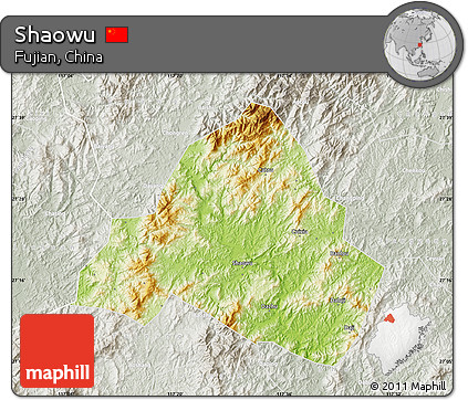 Physical Map of Shaowu, lighten, semi-desaturated
