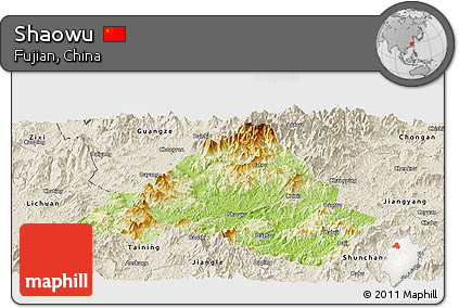 Physical Panoramic Map of Shaowu, shaded relief outside