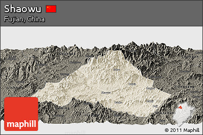 Shaded Relief Panoramic Map of Shaowu, darken