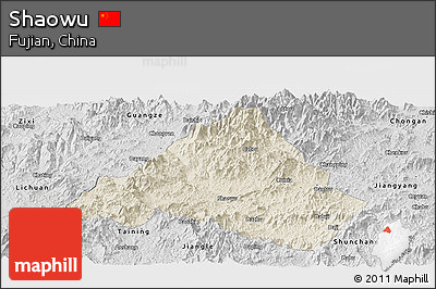 Shaded Relief Panoramic Map of Shaowu, desaturated