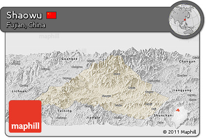Shaded Relief Panoramic Map of Shaowu, desaturated