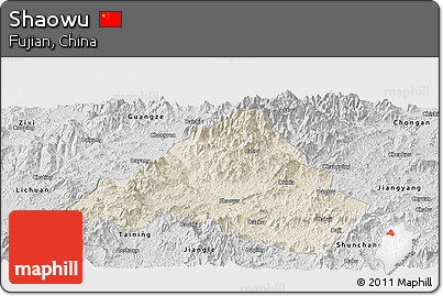 Shaded Relief Panoramic Map of Shaowu, desaturated