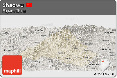 Shaded Relief Panoramic Map of Shaowu, semi-desaturated