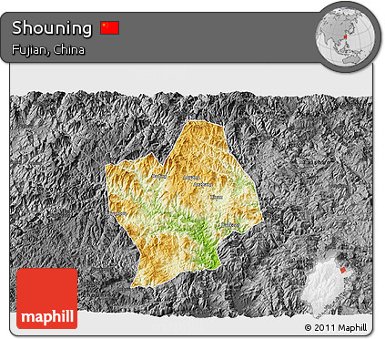 Physical 3D Map of Shouning, darken, desaturated