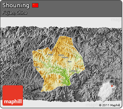 Physical 3D Map of Shouning, darken, desaturated