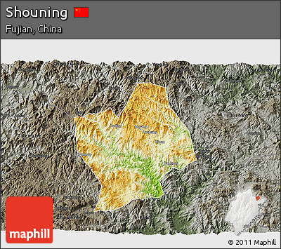 Physical 3D Map of Shouning, darken, semi-desaturated
