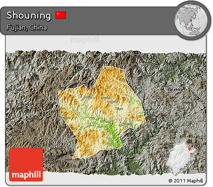 Physical 3D Map of Shouning, darken, semi-desaturated