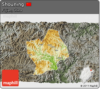 Physical 3D Map of Shouning, darken, semi-desaturated