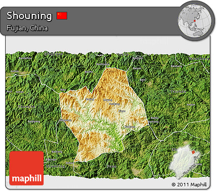 Physical 3D Map of Shouning, satellite outside
